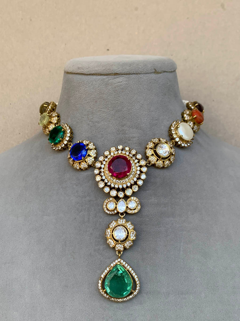 Z1915 Navratna Moissanite Set with Earrings